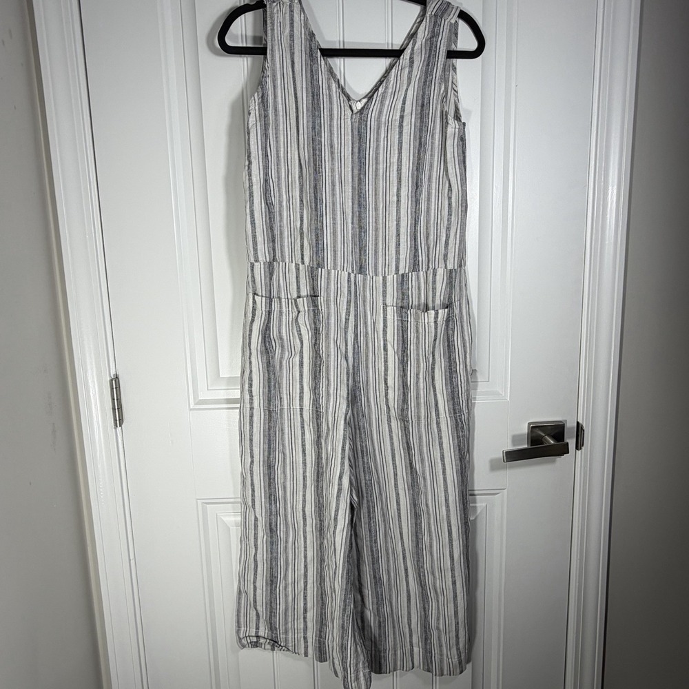 BeachLunchLounge Striped Linen Blend Wide Leg Jumpsuit Women's Medium Gray White